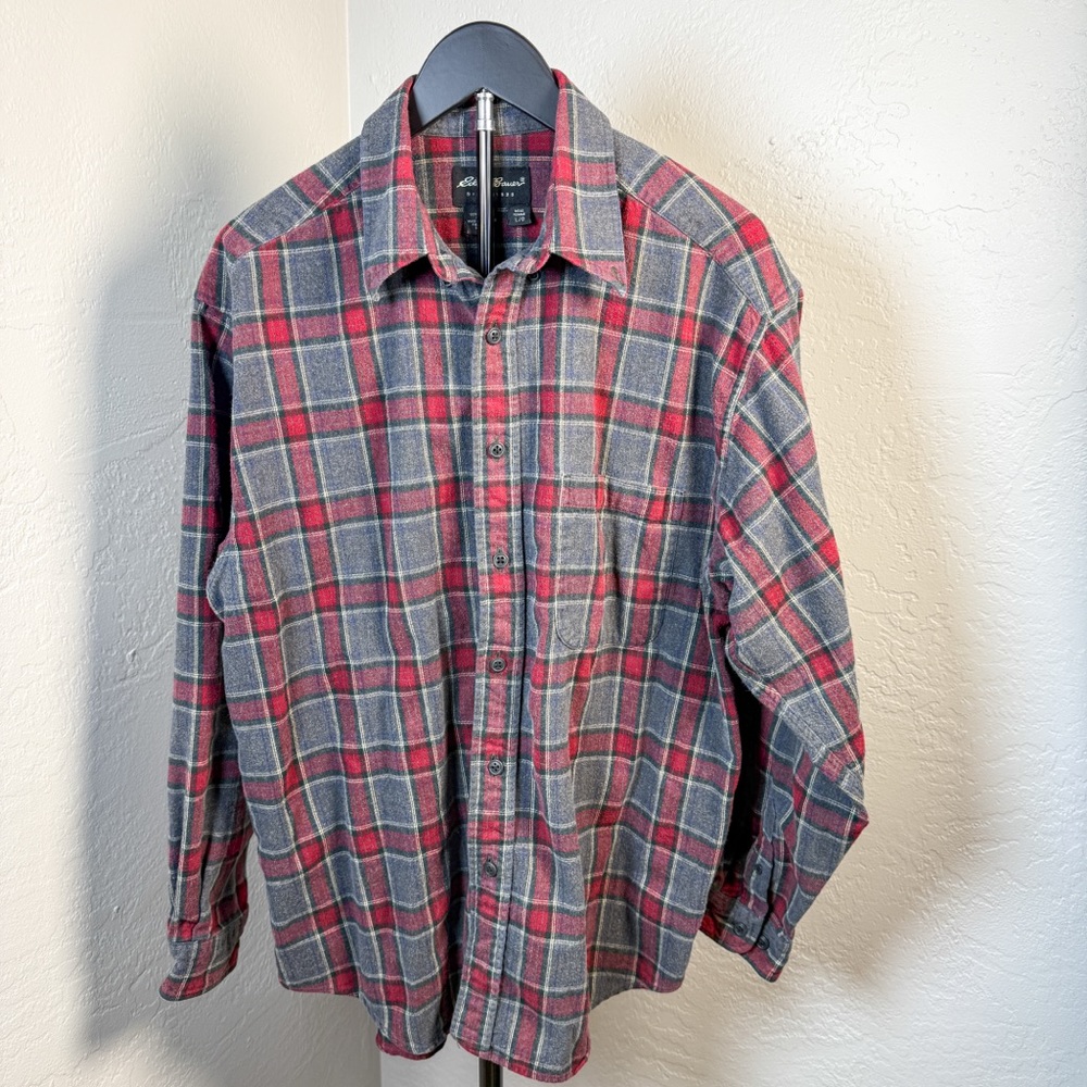 Eddie Bauer Plaid Flannel Button Down Shirt Red Grey 100% Cotton Size L
